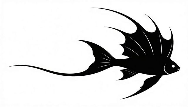 Stylized angelfish silhouette swimming with flowing tail and spiky dorsal fins minimalist vector