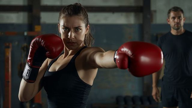 Focused female boxer throwing powerful straight punch during intense gym training session