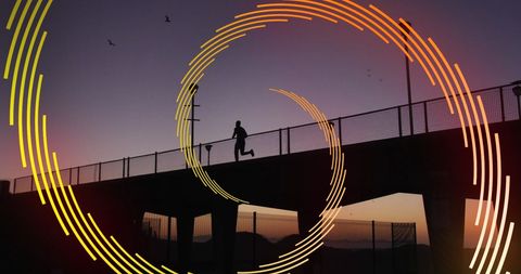 Runner on Bridge at City Sunset with Spiral Overlay - Download Free Stock Images Pikwizard.com