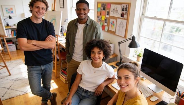 Young Diverse Creative Team Collaborating in Bright Studio Workspace with Desktop Computer