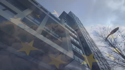 EU Flag Overlay on Modern Business Skyscrapers