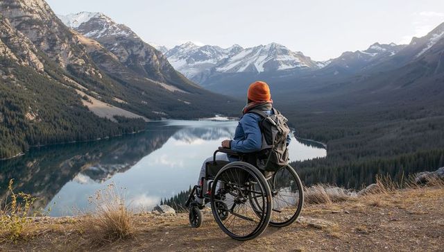 Wheelchair hiker gazing at glacial lake from alpine cliff with mountain reflection