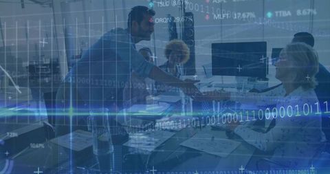 Business handshake over digital data overlay in modern corporate office skyline