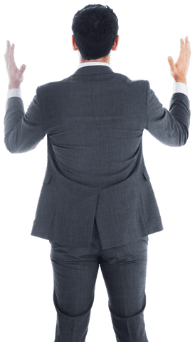 Transparent businessman raising hands in business suit from back