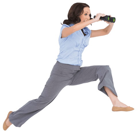 Cheerful Businesswoman Leaping with Binoculars against Transparent Background