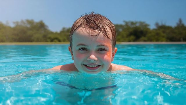 Smiling Boy Floating Chest-High in Turquoise Backyard Pool on Sunny Summer Day