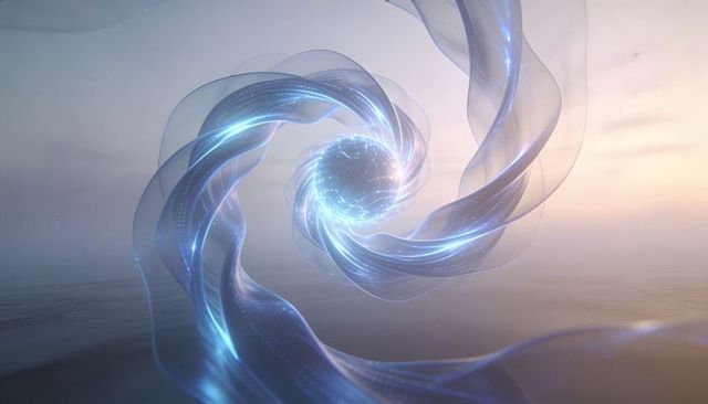 Spiraling luminous vortex rotating over calm sea at dawn with glowing core and ribboned light