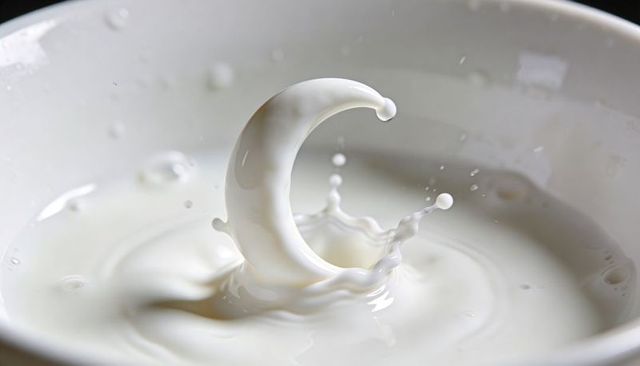 Crescent milk splash forming curled wave in porcelain bowl with suspended droplets, crown