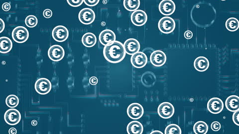 Digital Euro Symbols on Circuit Board Representing Financial Technology