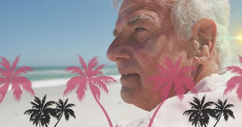 caucasian senior man enjoying a serene beach day with whimsical palm trees digitally overlaid, invoking thoughts of travel and leisure. ideal for illustrating articles on retirement lifestyles, travel destinations for seniors, or celebrating life and leisure in golden years.