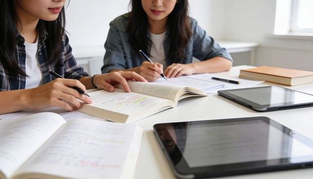Asian female students collaborating and studying at desk with books, tablets, notes