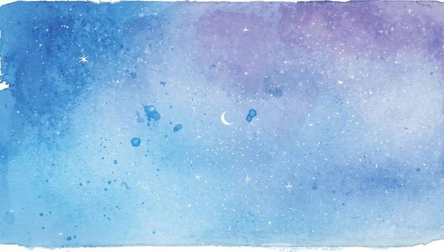 Watercolor night sky with crescent moon and tiny stars on textured deckled paper background