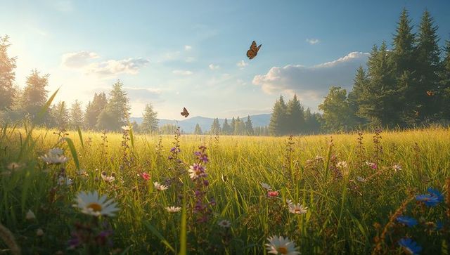 Sunlight pouring over wildflower meadow, monarch butterflies fluttering at golden hour