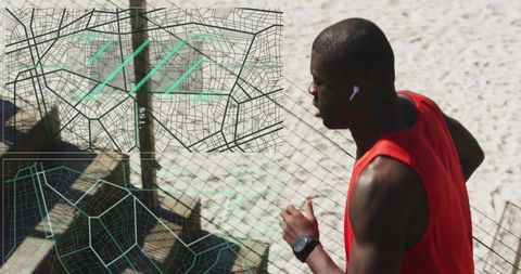 Man Running on Beach with Digital Map Overlay Showing Fitness Tracking