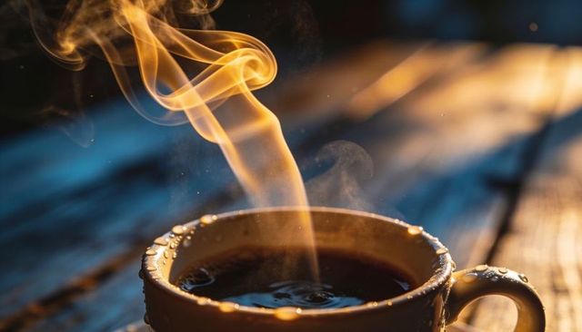 Sunlit steaming ceramic mug with swirling vapor ribbons, water droplets, rustic wood steam