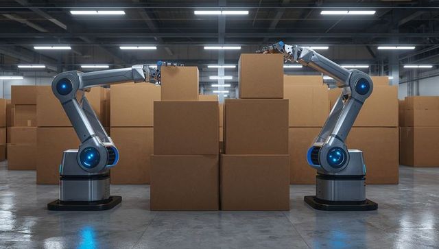 Dual robotic arms stacking cardboard boxes in warehouse for automated fulfillment