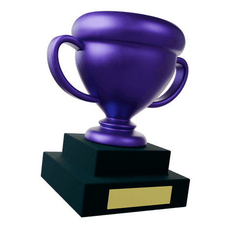 Transparent background purple trophy cup on stepped base with blank gold plate 3d render