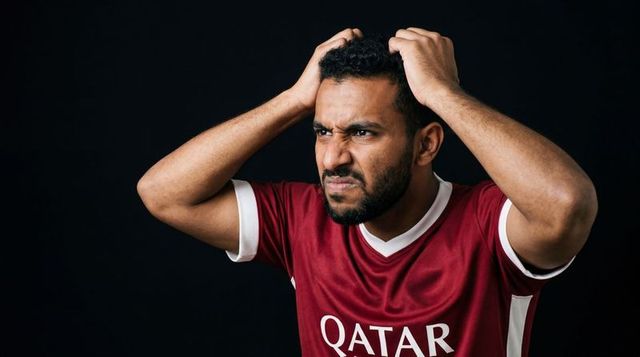 Frustrated football fan gripping hair and grimacing in maroon qatar jersey
