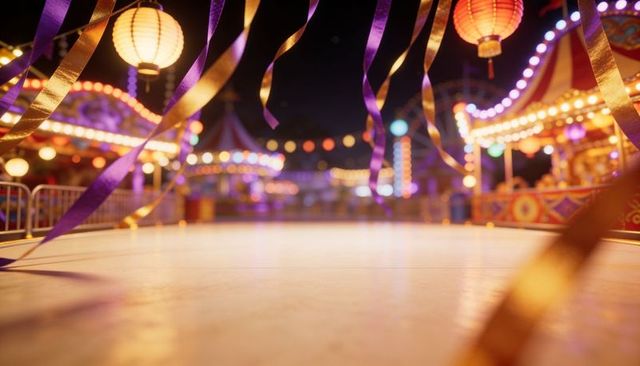 Empty carnival floor reflecting colorful lights at night with carousel, lanterns, ribbons