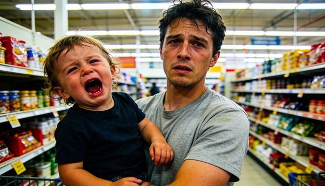Father carrying and soothing crying toddler in supermarket aisle during grocery trip