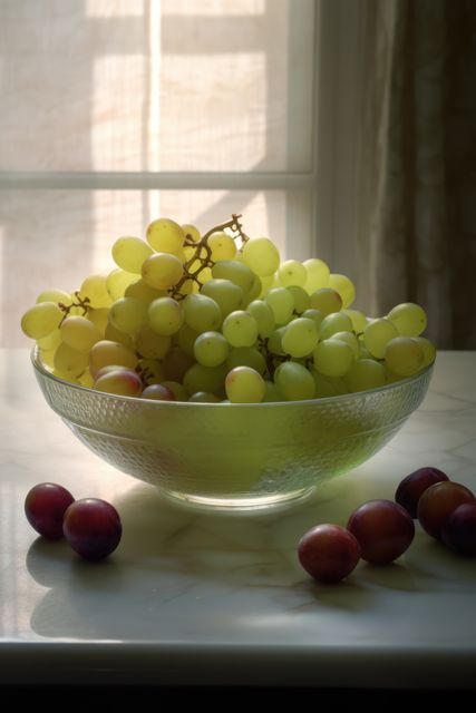 Close up of white grapes in bowl in kitchen, created using generative ai technology. Grapes, fruit and still life concept digitally generated image.