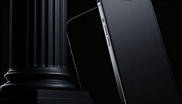 Presenting sleek black smartphones leaning against fluted column on dark pedestal