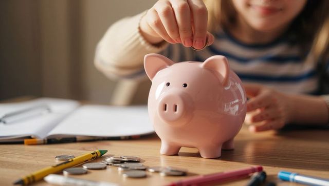 Child placing coin into pink piggy bank on table teaching saving and budgeting habits