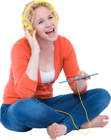 transparent happy woman listening music with tablet and headphones - Download Free Stock Videos Pikwizard.com