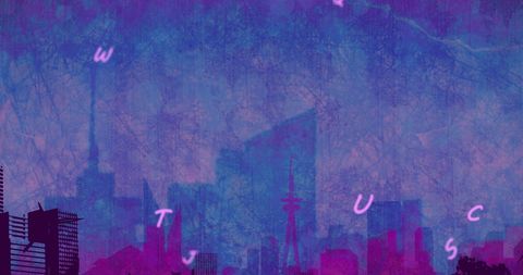 Abstract Cityscape with Falling Letters in Purple and Blue - Download Free Stock Images Pikwizard.com