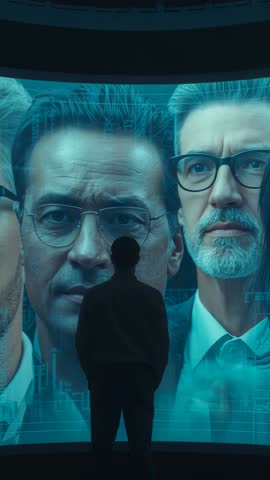 Entering Command Chamber Pausing at Holographic Portraits Analyzing Biometric Data