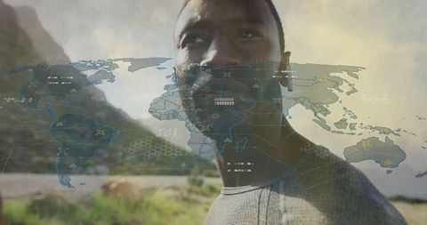 Man Overlooking Scenic Hillside with Virtual Map Overlay and Technology Elements