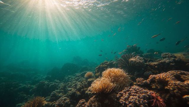 Sunny Coral Reef with Vibrant Sea Life and Resplendent Sunrays