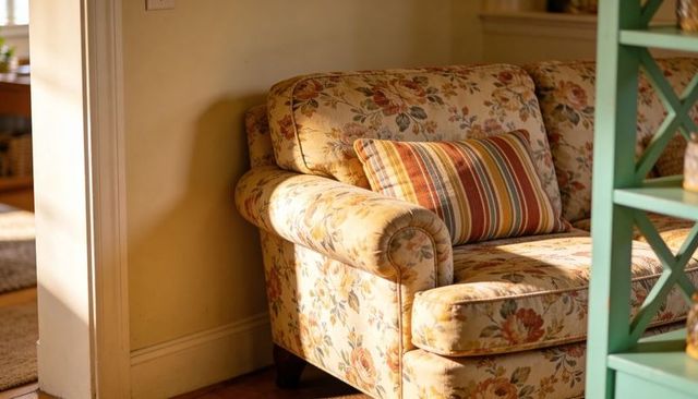 Sunlit floral sofa basking with striped lumbar pillow by doorway, cozy cottage