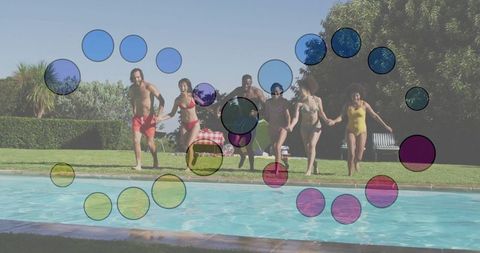 Joyful Group of Friends Racing Toward Swimming Pool