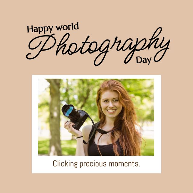 Happy World Photography Day with Smiling Woman Holding Camera in Park - Download Free Stock Templates Pikwizard.com