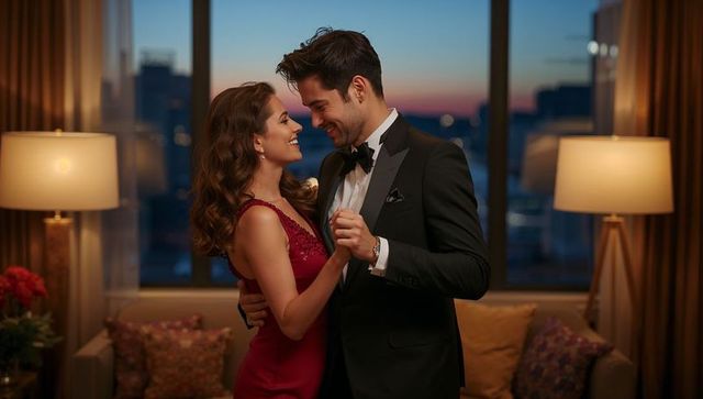 Dancing couple in elegant eveningwear in luxury hotel suite at twilight with city skyline