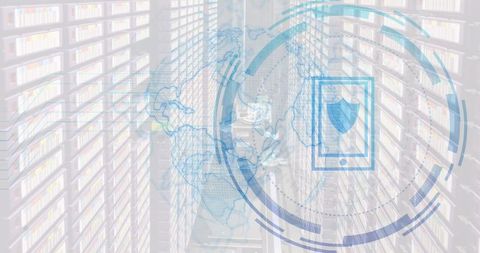 Digital Security Concept with Virtual Smartphone and Globe Overlay on Servers