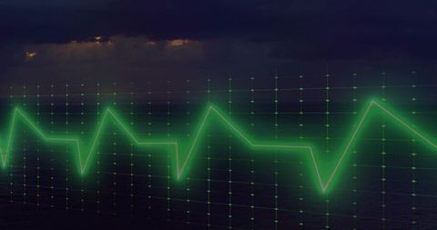 Pulsing Neon Green Waveform Across Dark Ocean Horizon with 3D Grid Nodes and Stormy Sky