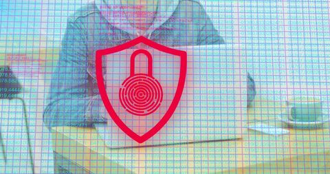 Caucasian Businessman Using Laptop with Digital Biometric Security Overlay