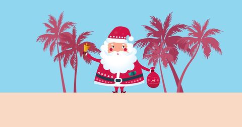 Santa claus on tropical beach with palm trees