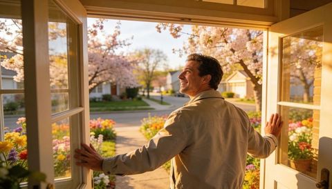 Midlife homeowner opening front doors to sunlit suburban garden with tulip beds and cherry blossoms