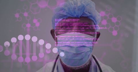 Medical professional in protective gear with data visualization overlay