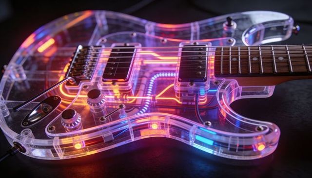 Transparent acrylic electric guitar with neon led wiring and glowing multicolor illumination