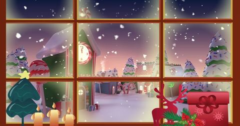 Snowfall Over Christmas Village Through Window - Download Free Stock Images Pikwizard.com