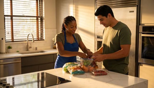 Couple packing fresh produce into resealable bags on sunlit kitchen island, smiling