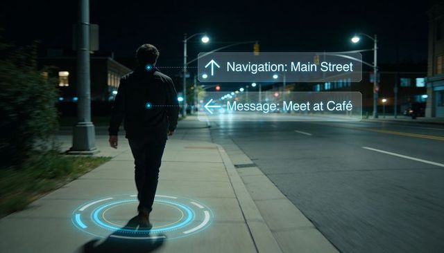 Man walking at night with augmented reality navigation and holographic message overlay