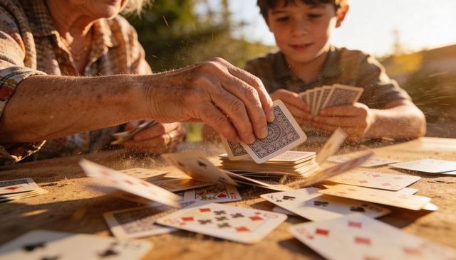 Grandparent and grandson playing cards on sunlit backyard table, dust flying