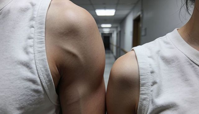 Closeup two adults wearing white tank tops showing prominent arm veins in clinical hallway