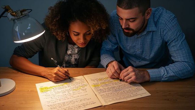Collaborating professionals reviewing handwritten notes and highlighting ideas by desk lamp