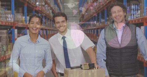 Global logistics team in warehouse with data visualization